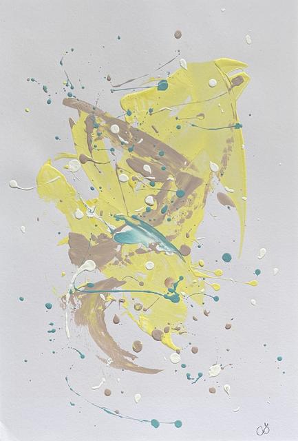 Abstract painting of soft yellow, dusty pink and teal strokes with white and teal splatters.