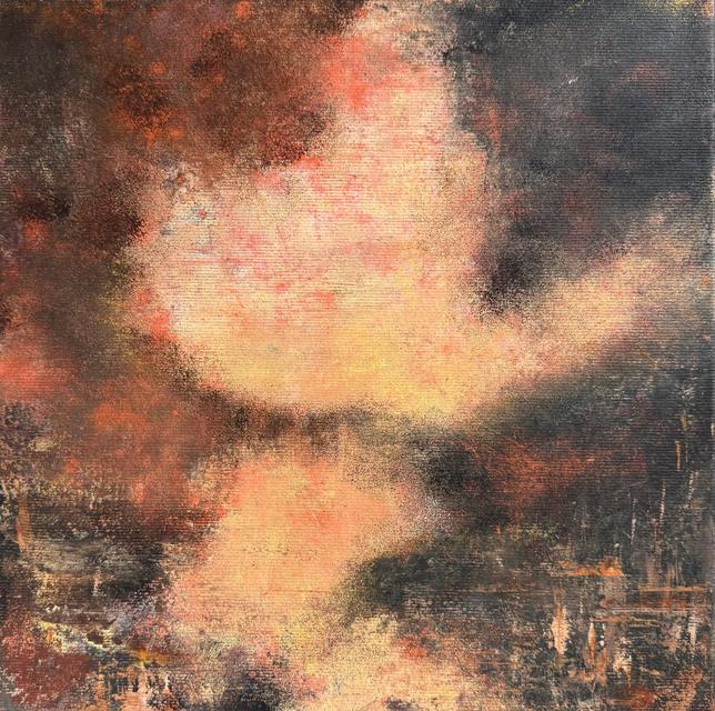 Soft, glowing abstract painting with a pale peach and coral light at the centre, surrounded by dark red-brown and charcoal clouds and a darker, scratched band along the lower edge.