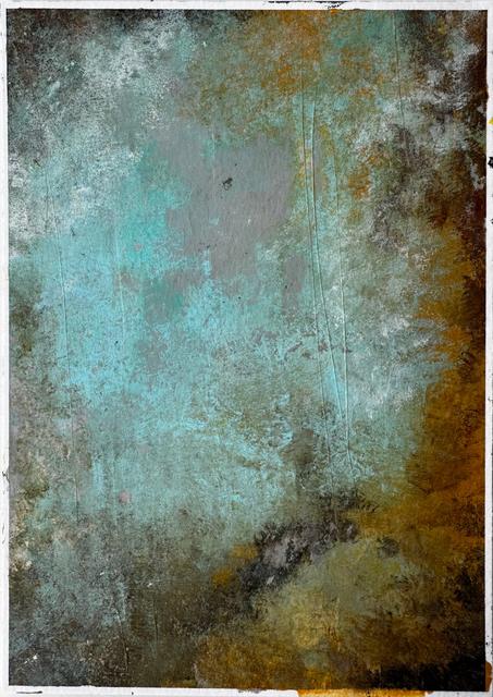 Textured abstract painting on paper in turquoise, grey and ochre, with fine vertical scratches and dark brown edges.