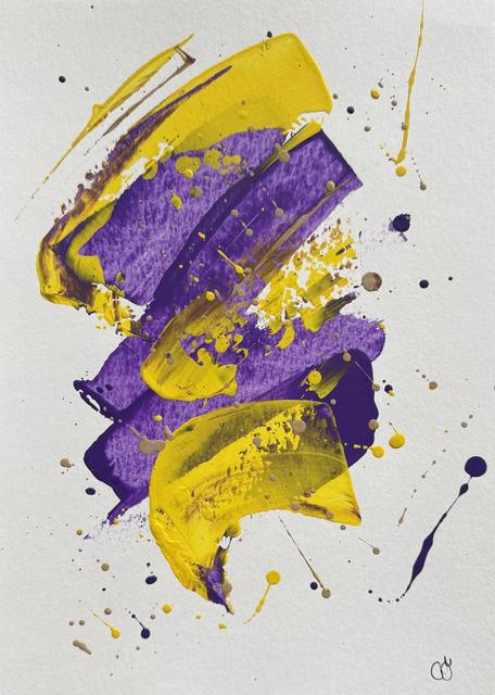 Abstract painting of overlapping bands of yellow and purple, with tan and purple splatters.
