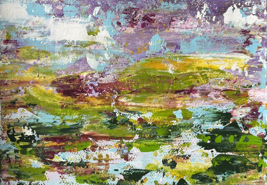 Abstract landscape-like painting with lilac and turquoise sky patches above rolling hills of green, yellow and magenta, with dark green shapes and white at the bottom.