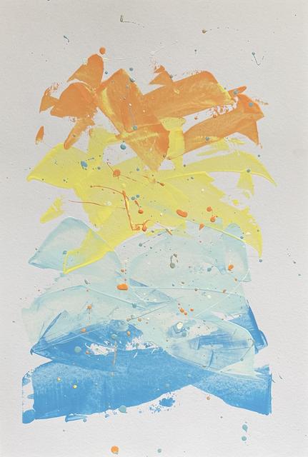 Abstract painting of stacked brush strokes in orange, yellow, pale blue and bright blue from top to bottom, with small splatters.