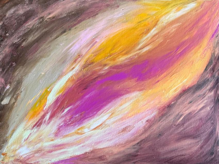 Abstract painting of a diagonal, flame-like sweep in gold, orange and magenta with white highlights, set against a dusky mauve and grey ground.