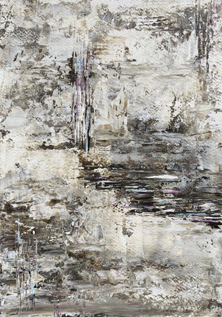 Abstract painting in scraped layers of grey, cream and brown with thin vertical drips of pink and turquoise and a dark horizontal band toward the lower right.