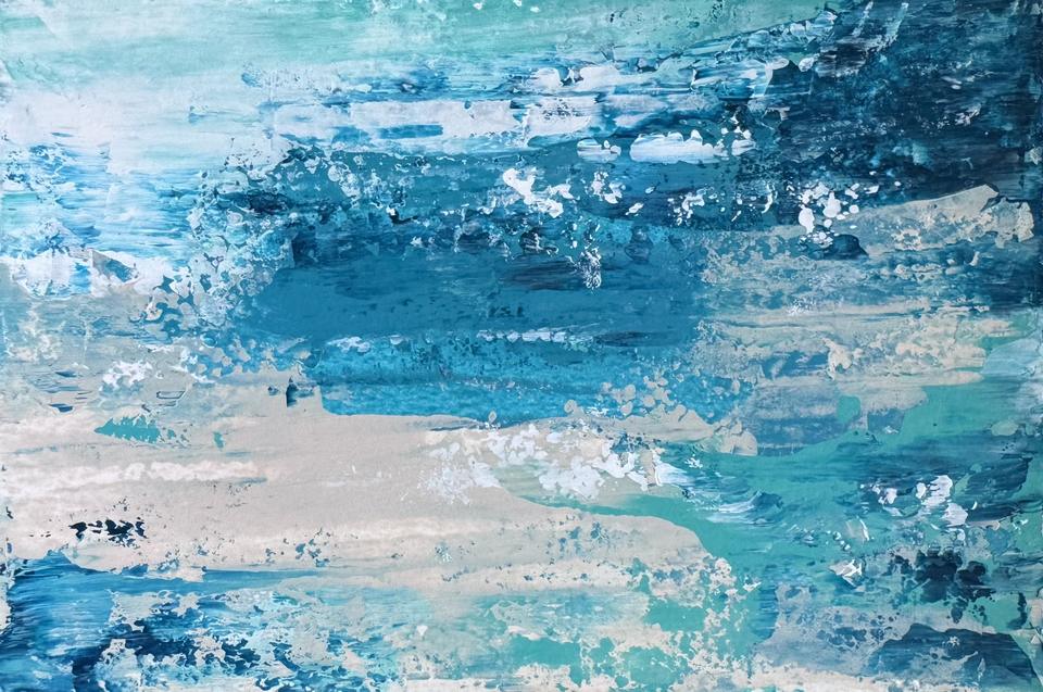Abstract painting of horizontal bands of turquoise, deep blue and white, with white flecks and a pale sand-coloured band near the bottom, like water meeting a shore.