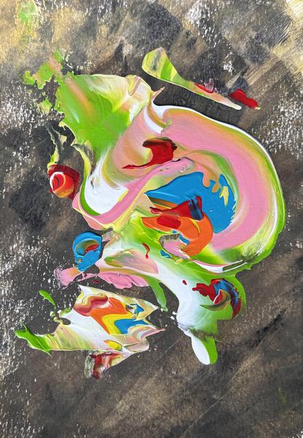 Abstract painting of a thick swirl of pink, lime green, white, blue and red paint on a dark, mottled brown-grey ground.