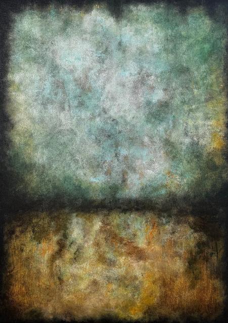 Dark, misty abstract painting with a glowing pale turquoise and grey-green area above a black horizon and a warm ochre and rust area below, with soft black edges all around.