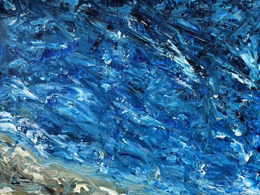 Abstract painting of dense, slanting strokes in bright blue, turquoise, white and black, with a band of grey-green and sand in the lower left.