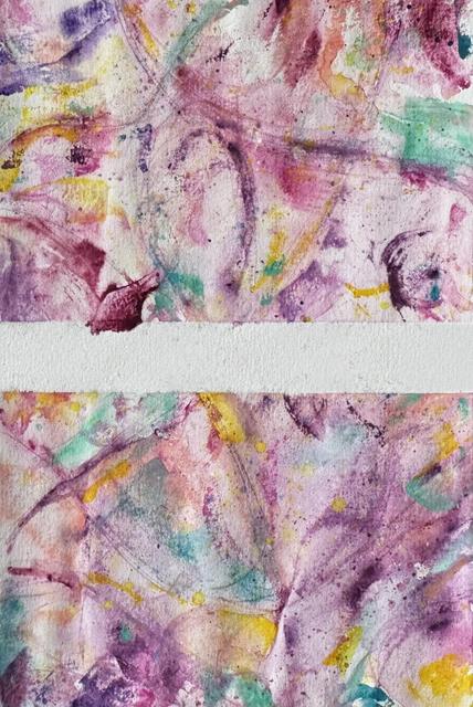 Textured watercolour in pink, violet, yellow and turquoise, divided by a horizontal band of bare paper.