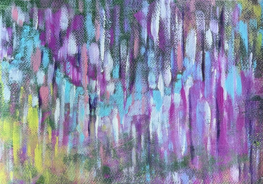 Abstract painting of vertical brush strokes in purple, magenta, turquoise and lime, covered with a fine green dotted texture, like a garden in the rain.