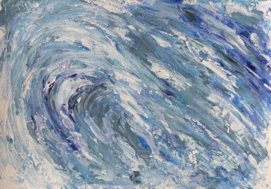 Abstract painting of a swirling wave in blue, grey, lilac and white, with thick strokes curling into the lower left.