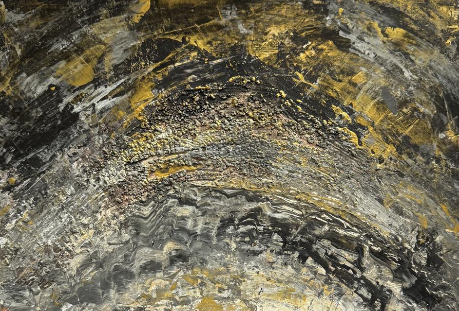 Abstract painting in black, grey and gold with a sweeping arch of rough coffee-ground texture above layered, wave-like strokes.