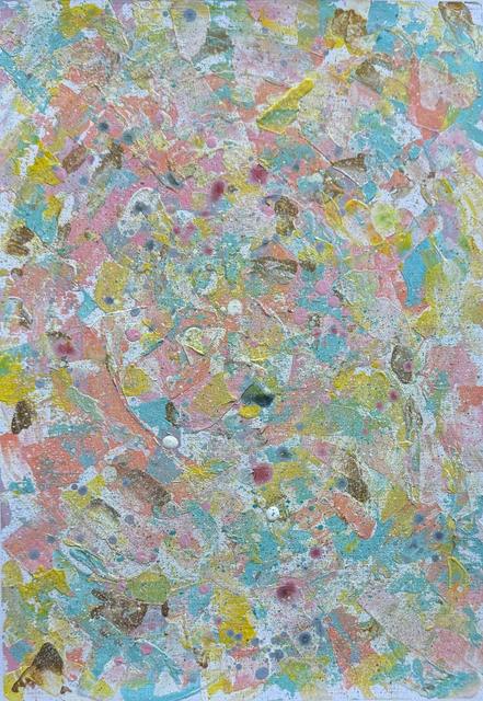 Confetti-like abstract painting in pastel coral, turquoise, yellow and pink with small gold and grey flecks.