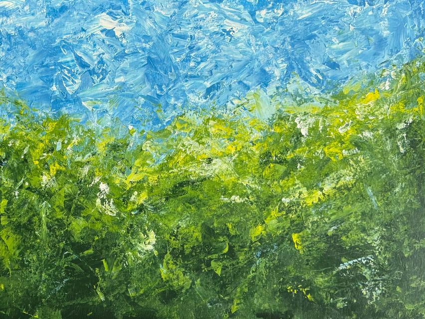 Abstract landscape with a sky of scraped blue and white strokes above a lush field of green and yellow.