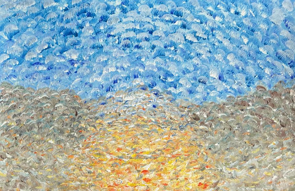 Abstract landscape of small overlapping brush strokes, with blue and white arcs in the sky above grey hills and a glowing path of yellow and orange.