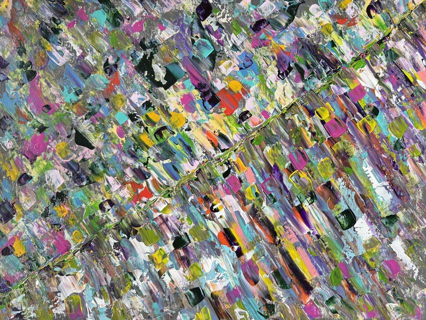 Dense abstract painting of slanting strokes and small blocks of pink, green, yellow, turquoise, purple and white on a grey ground, crossed by a faint diagonal ridge.