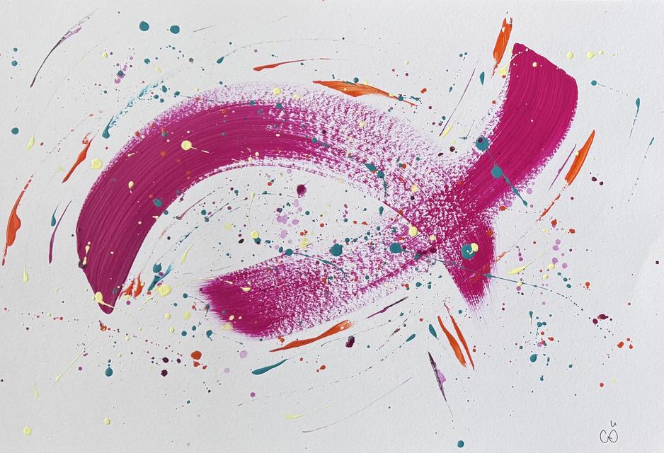 Abstract painting of a broad magenta sweep curving across the paper, with orange, teal and yellow splatters and fine lines.