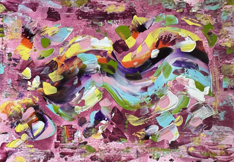 Abstract painting of swirling ribbons of purple, turquoise, lime, yellow and orange across a magenta pink ground.