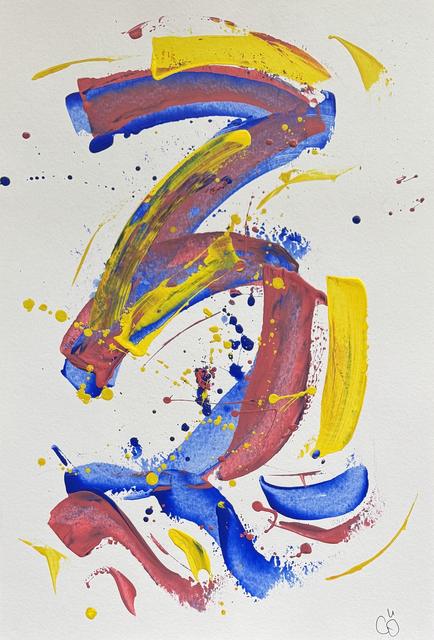Abstract painting of curving bands in red, blue and yellow that overlap and flow from top to bottom.