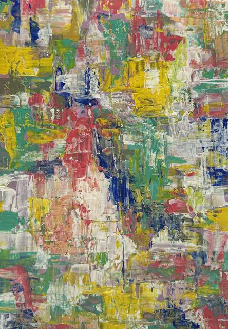 Abstract painting of layered patches of yellow, coral red, green, cobalt blue and white in vertical and horizontal strokes.