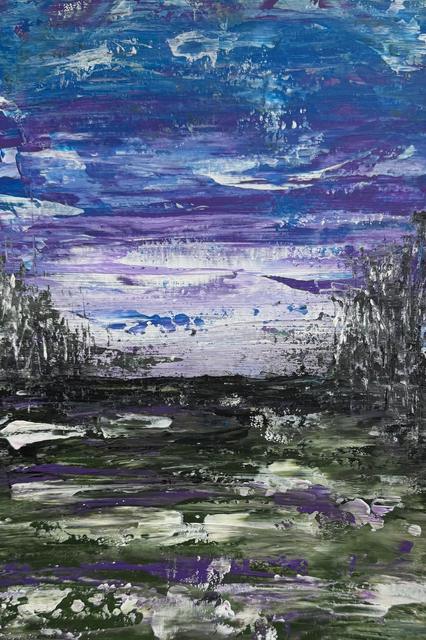 Abstract landscape with a sky of blue, violet and white strokes above dark trees on both sides and a ground of green and white.