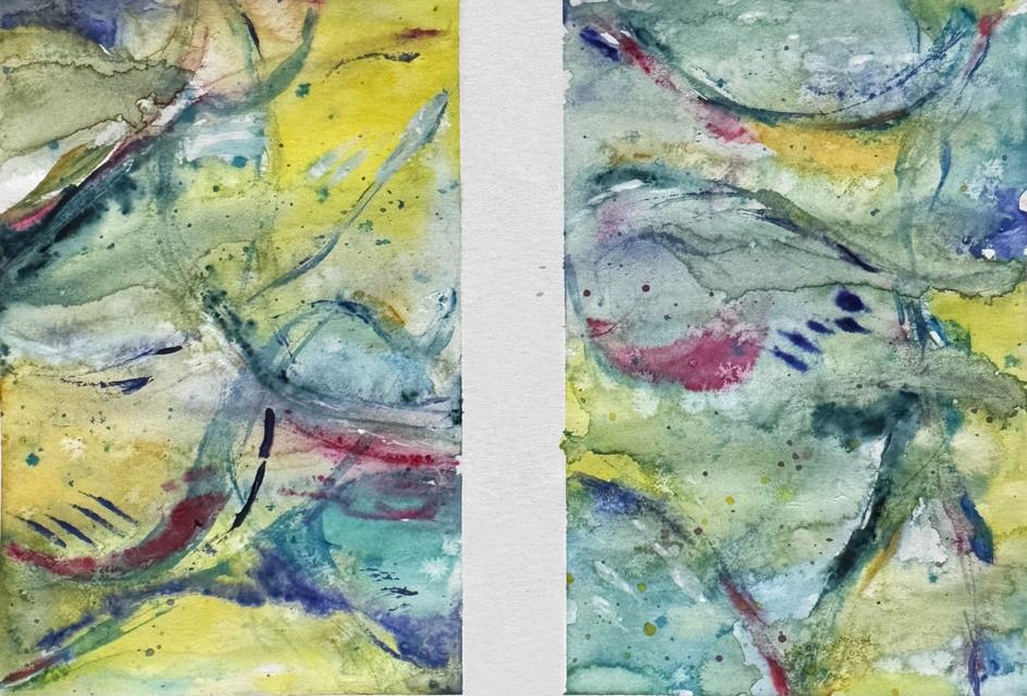 Watercolour in yellow, teal and blue with magenta and navy marks, divided by a vertical stripe of bare paper.