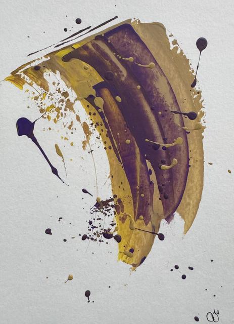 Abstract painting of a curved sweep in gold and deep purple, with dark purple drips and splatters on pale paper.