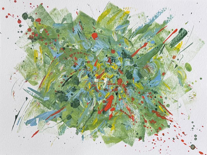 Abstract painting of a dense burst of green, blue and yellow strokes with red splatters running toward the lower right.
