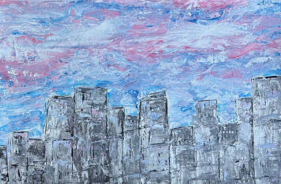 Thickly textured painting of a grey city skyline beneath a sky of swirled pink, white and blue paint.