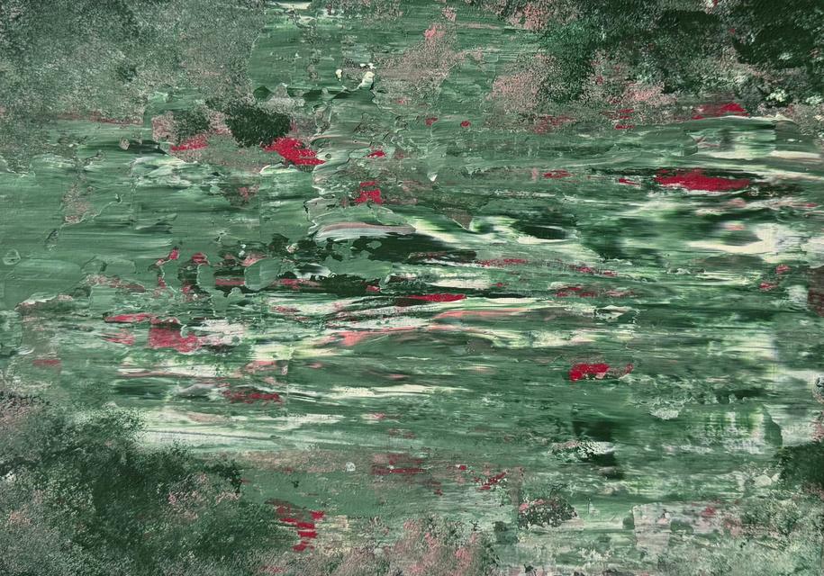 Abstract painting in layers of green and white, scraped in long horizontal strokes, with small red and pink marks.
