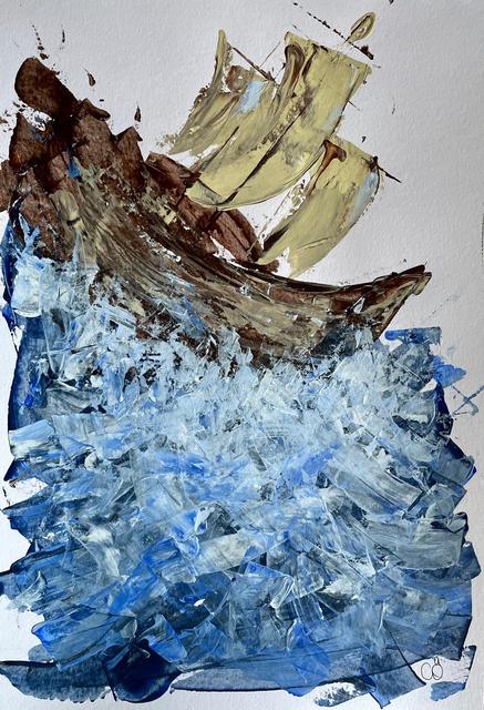 Abstract painting of a brown wooden sailing ship with pale yellow sails tilting over stormy waves of blue, grey and white, painted in thick palette-knife strokes on white paper.