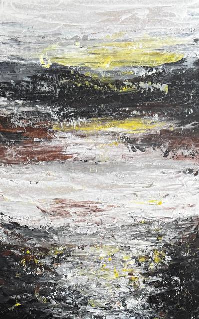 Abstract painting in scraped layers of black, brown, white and grey, with glowing yellow light breaking through.