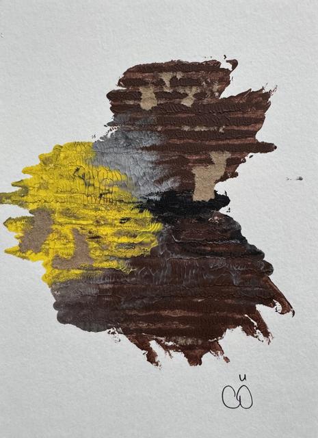 Abstract painting in horizontal, ridged layers of brown and yellow with grey and black, and small patches of bare brown cardboard, on pale paper.
