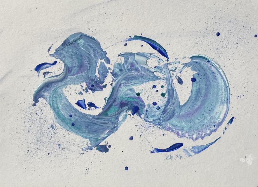 Abstract painting of sweeping, layered strokes in pale blue, violet and white forming two wave-like curves, with fine blue spatter on pale paper.