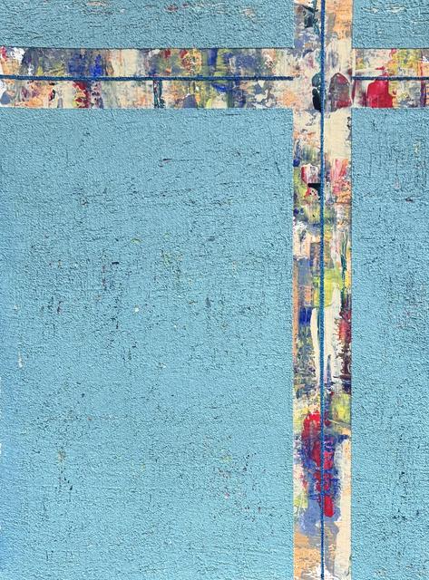 Abstract painting of large, rough turquoise blocks divided by a horizontal and a vertical band of colourful brush strokes, crossed by thin blue lines.