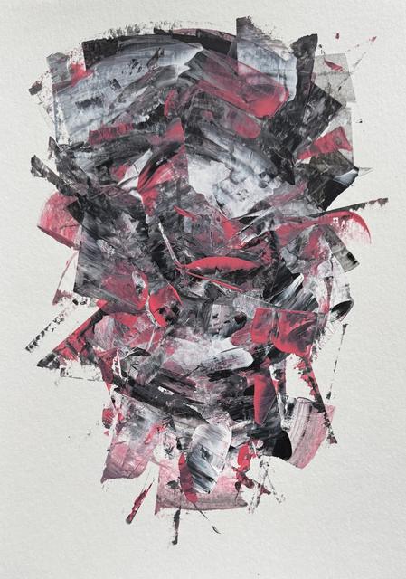 Abstract painting of overlapping, angular strokes in black, white and bright red, grouped into a dense, tall form.
