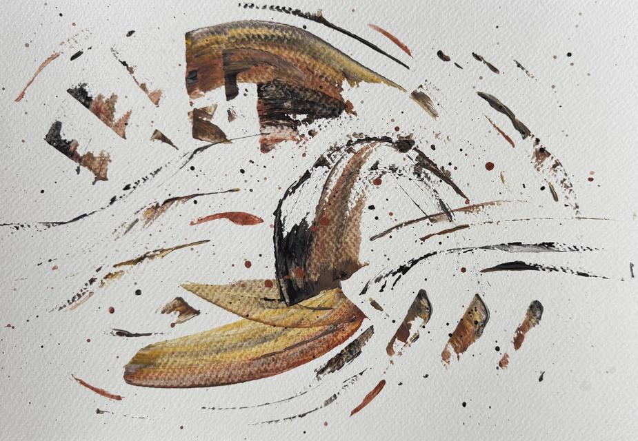 Abstract painting of sweeping curved strokes in gold, brown and black, with fine dark lines and small red specks on pale paper.