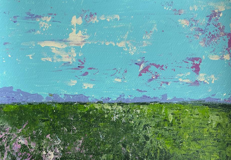 Abstract landscape with a clear turquoise sky and a few white and violet clouds above a lavender horizon and a textured green meadow with pink flecks in the lower left.
