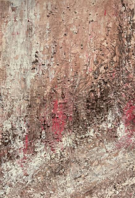 Richly textured abstract painting in rose, brown and cream, with bright red patches and small raised drops of coffee-ground paint.