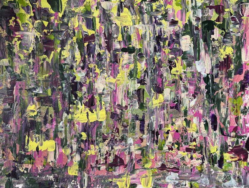Abstract painting of vertical strokes in neon yellow, magenta, pink, dark green and deep purple, like a garden in bloom.